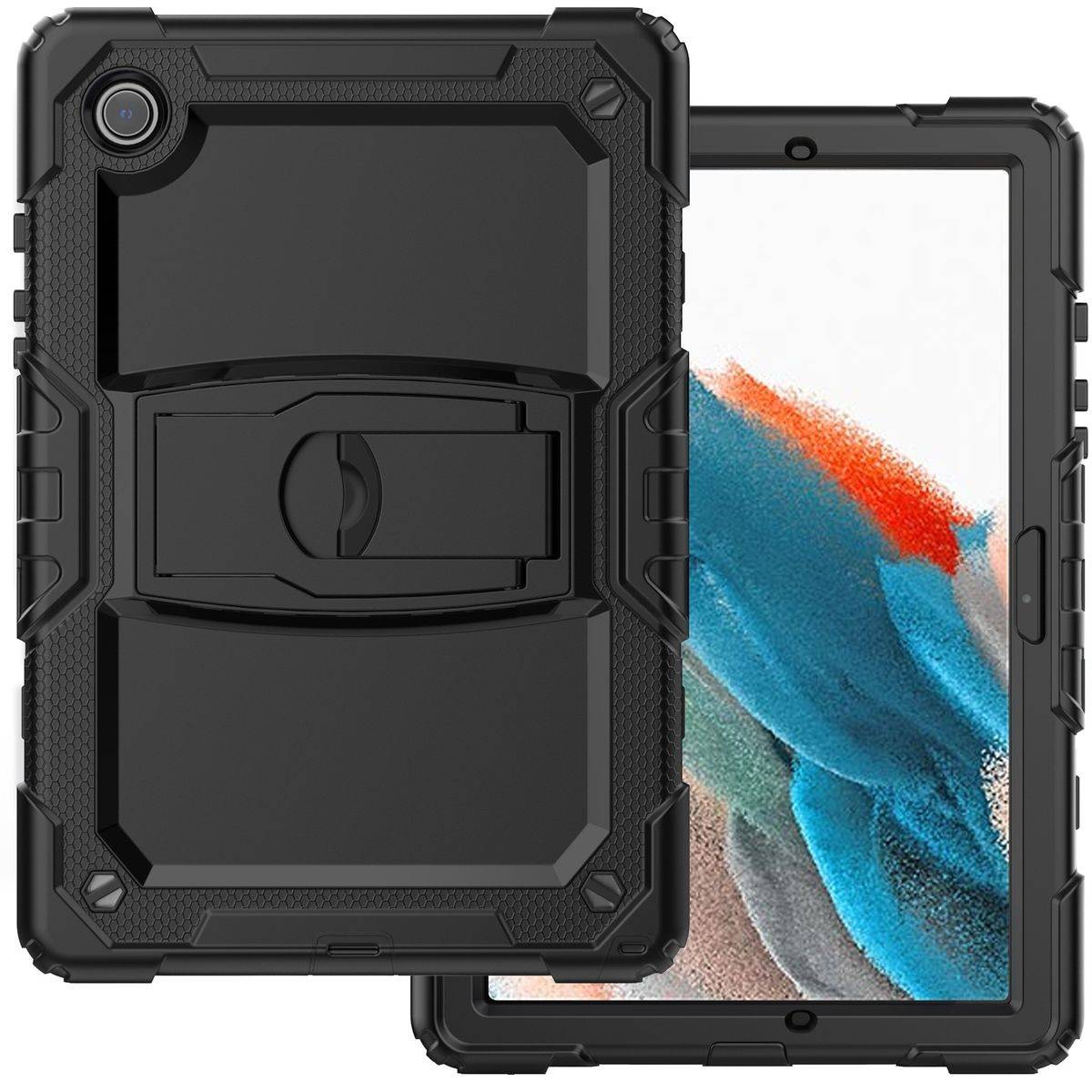 Für Samsung Galaxy Tab A8 10.5 2021 X200 / X205 aufstellbare Outdoor Hybrid Schwarz mit Trage Gurt Tablet Tasche Etuis Cover Case Schutz Robust Neu
