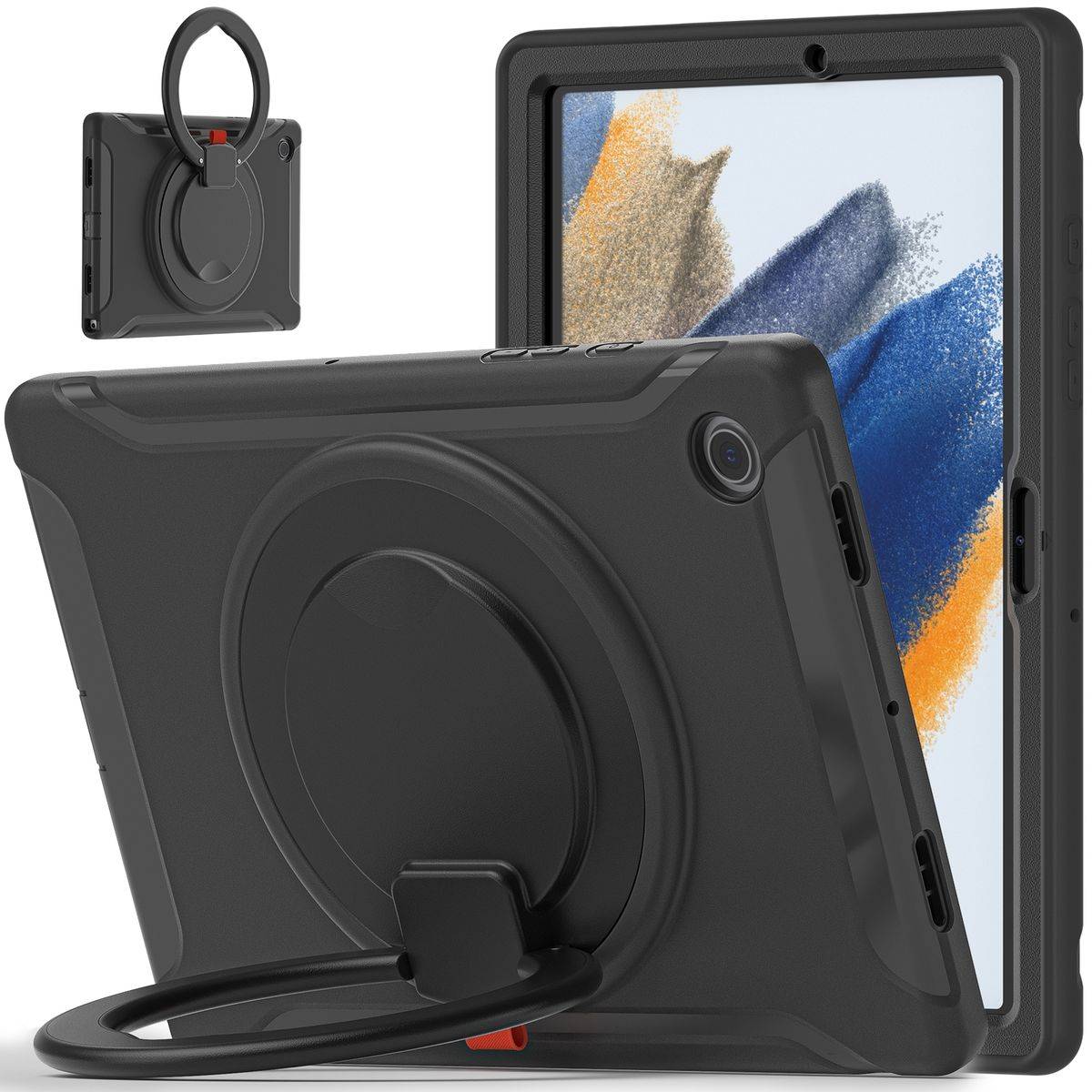 Für Samsung Galaxy Tab A8 10.5 2021 X200 / X205 aufstellbare Outdoor Hybrid Schwarz mit Trage Gurt Tablet Tasche Etuis Cover Case Schutz Robust Neu