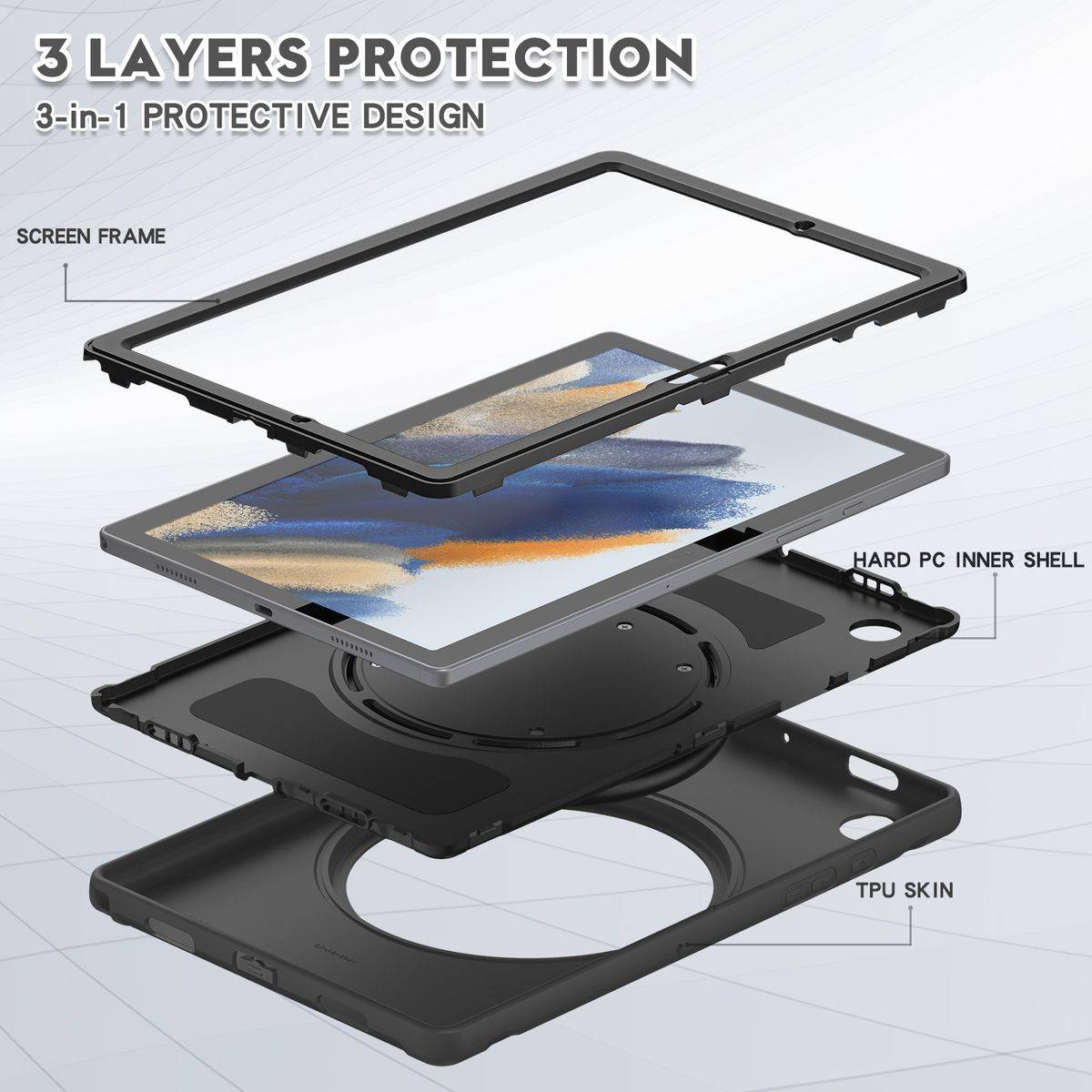 Für Samsung Galaxy Tab A8 10.5 2021 X200 / X205 aufstellbare Outdoor Hybrid Schwarz mit Trage Gurt Tablet Tasche Etuis Cover Case Schutz Robust Neu