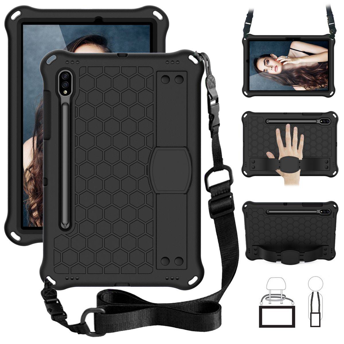 Für Samsung Galaxy Tab S8 / S7 aufstellbare Outdoor Hybrid Schwarz mit Trage Gurt Tablet Tasche Etuis Cover Case Schutz Robust Neu