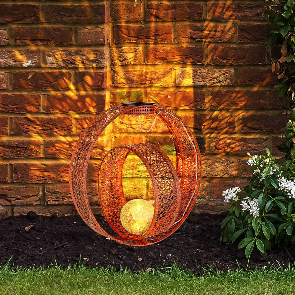 Solarlampe orientalische Kugel Dekoleuchte Garten Solar Solarlampe Metall für Außen, Crackle Glas, rost Optik, 1x LED 0,06W warmweiß, LxBxH 30x20x4