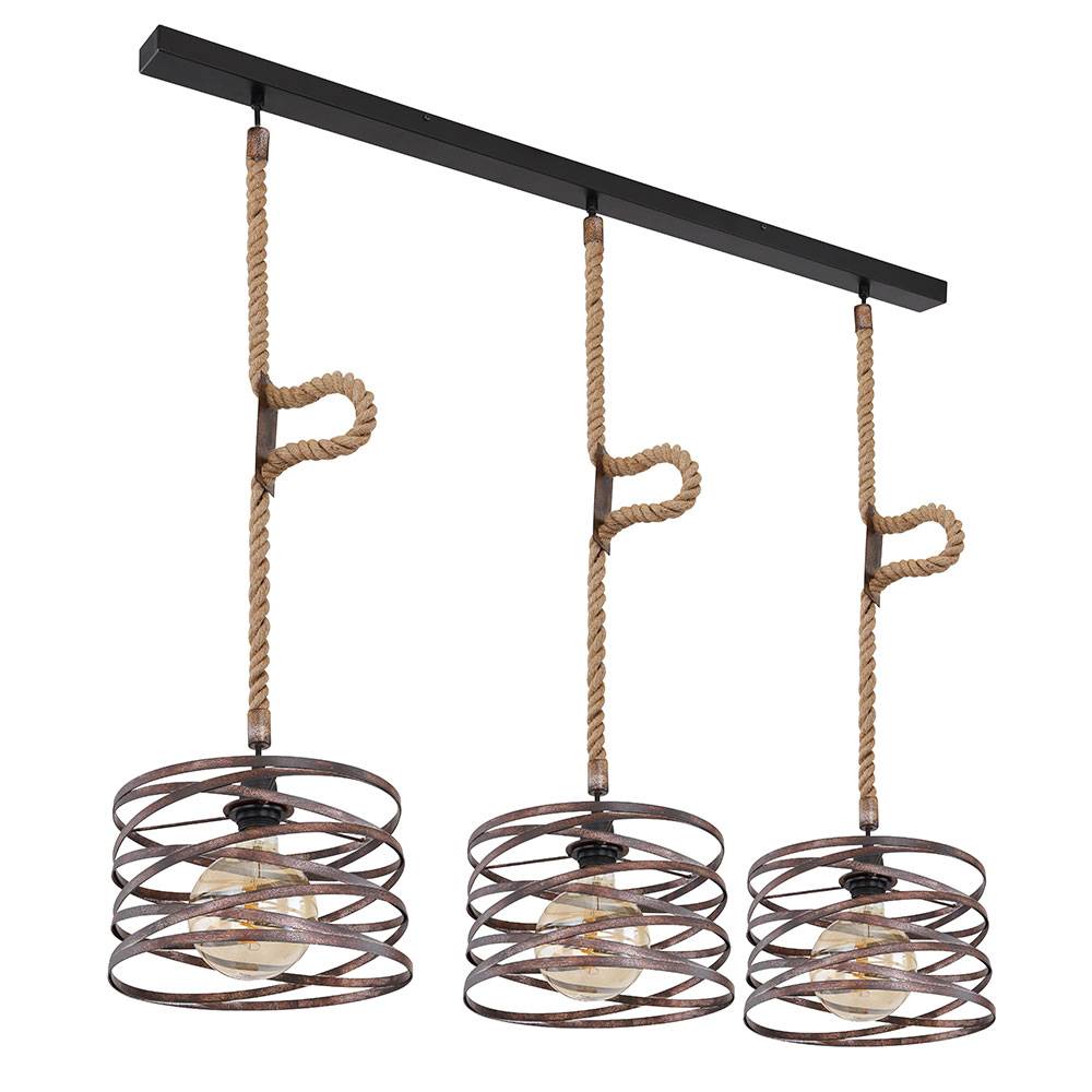 Hanfseil Pendelleuchte Retro Vintage Wohnzimmer Lampe Industrie Style Pendelleuchte Rustikal Landhaus, rostfarben, 3x E27, LxBxH 115x28x120 cm