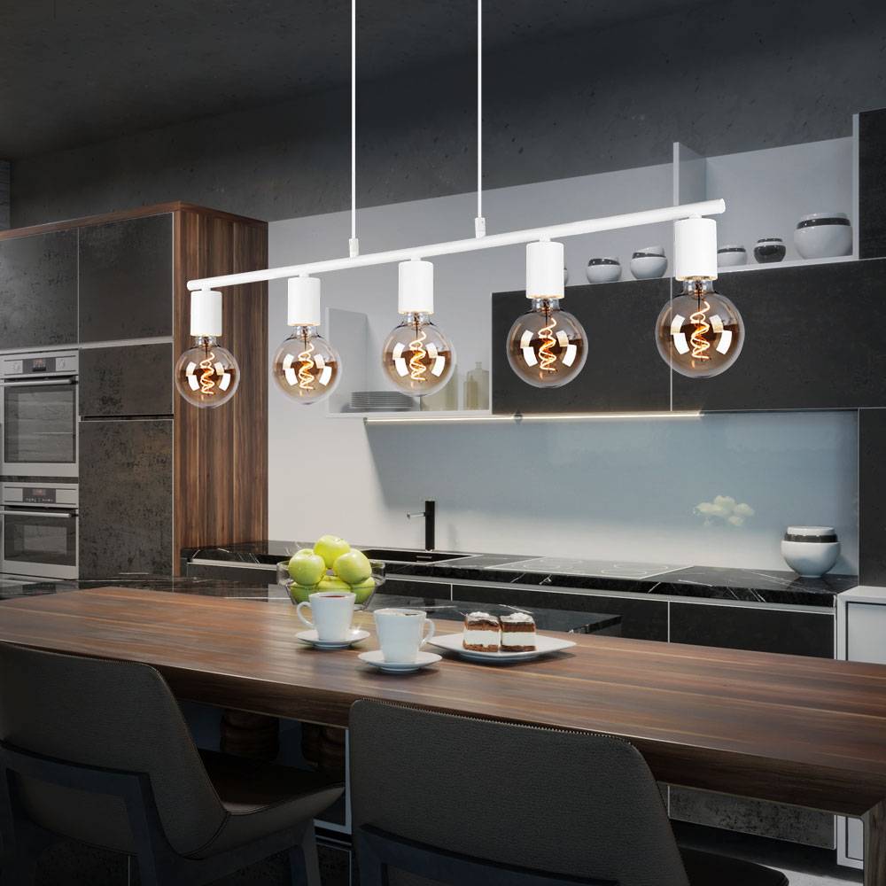 Pendelleuchte Pendellampe Esstischleuchte Esszimmertisch Hängelampe Höhenverstellbar 5 flammig, Metall weiß matt, 5x E27, LxBxH 82x8x150 cm