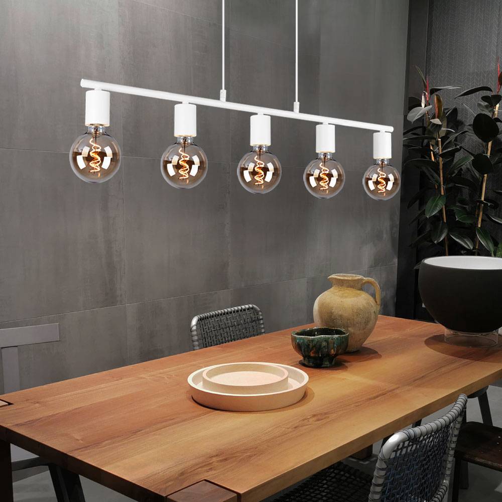 Pendelleuchte Pendellampe Esstischleuchte Esszimmertisch Hängelampe Höhenverstellbar 5 flammig, Metall weiß matt, 5x E27, LxBxH 82x8x150 cm