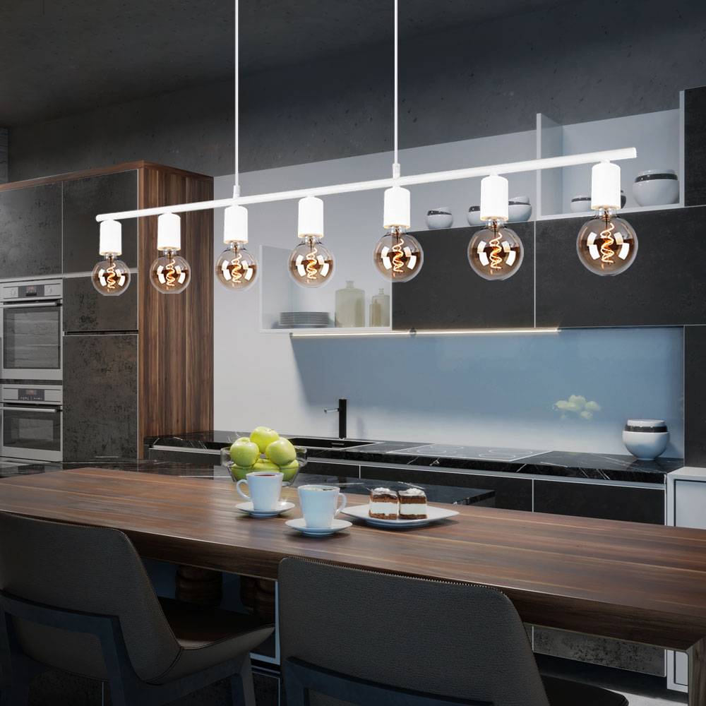 Pendelleuchte Hängelampe 7-flammig E27 Wohnzimmer Esstisch Pendellampe Höhenverstellbar 7 flammig, Metall weiß matt, 7x E27, LxBxH 110x8x150 cm