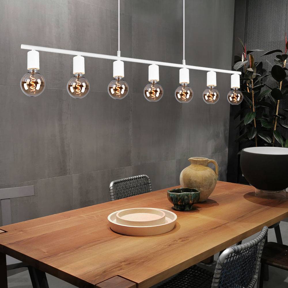 Pendelleuchte Hängelampe 7-flammig E27 Wohnzimmer Esstisch Pendellampe Höhenverstellbar 7 flammig, Metall weiß matt, 7x E27, LxBxH 110x8x150 cm