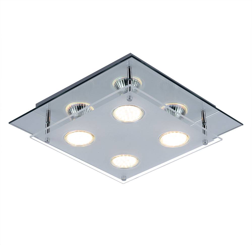 Deckenleuchte Lampe Schlafzimmerleuchte Glaslampe Wohnzimmer, 4 flammig, Chrom Glas Spiegelrand klar, 4x LED 12W 1000Lm 3000K, HxLxB 8x27x27 cm