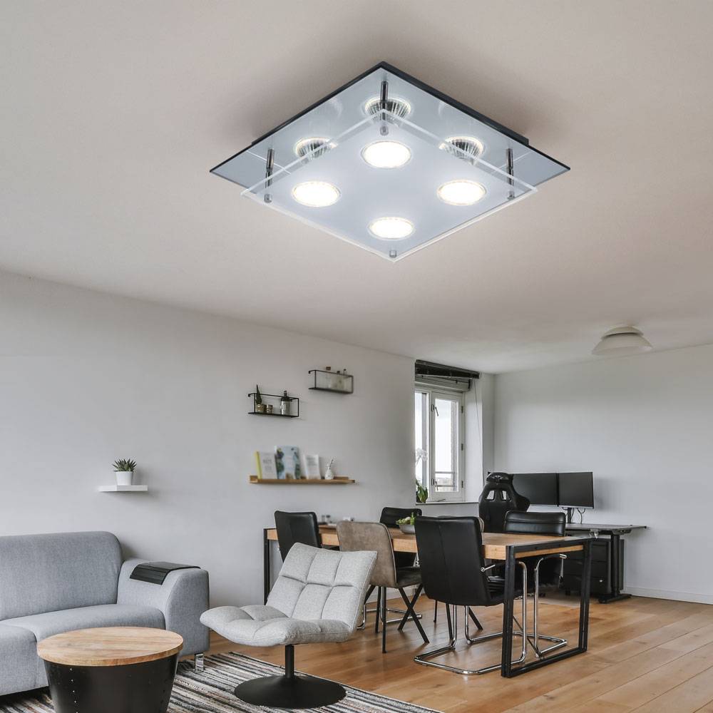 Deckenleuchte Lampe Schlafzimmerleuchte Glaslampe Wohnzimmer, 4 flammig, Chrom Glas Spiegelrand klar, 4x LED 12W 1000Lm 3000K, HxLxB 8x27x27 cm