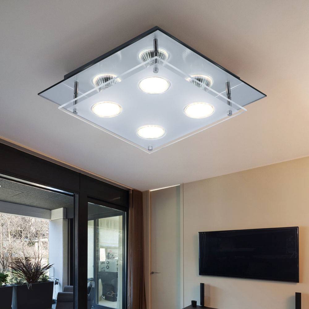 Deckenleuchte Lampe Schlafzimmerleuchte Glaslampe Wohnzimmer, 4 flammig, Chrom Glas Spiegelrand klar, 4x LED 12W 1000Lm 3000K, HxLxB 8x27x27 cm