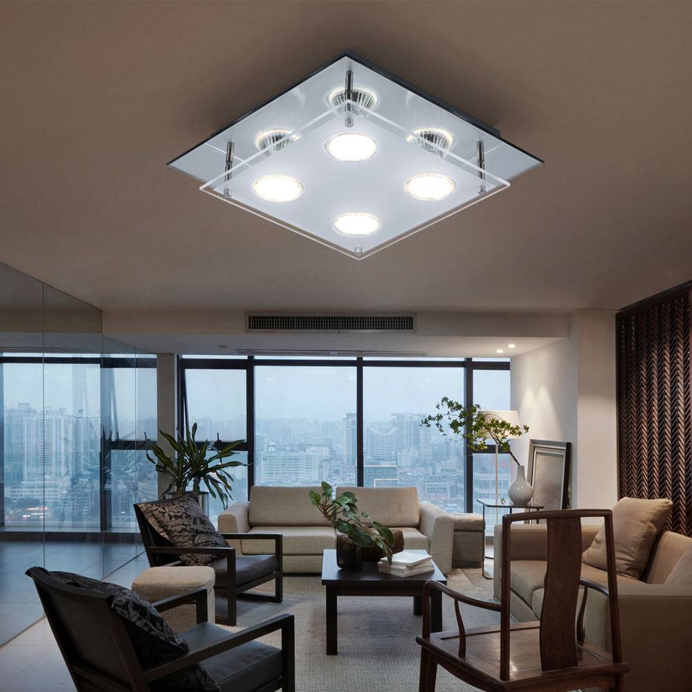 Deckenleuchte Lampe Schlafzimmerleuchte Glaslampe Wohnzimmer, 4 flammig, Chrom Glas Spiegelrand klar, 4x LED 12W 1000Lm 3000K, HxLxB 8x27x27 cm