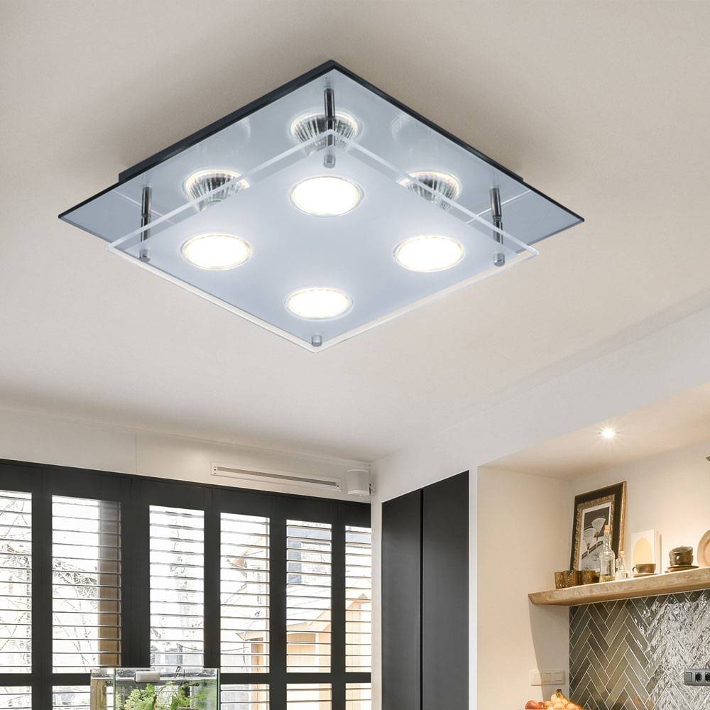 Deckenleuchte Lampe Schlafzimmerleuchte Glaslampe Wohnzimmer, 4 flammig, Chrom Glas Spiegelrand klar, 4x LED 12W 1000Lm 3000K, HxLxB 8x27x27 cm