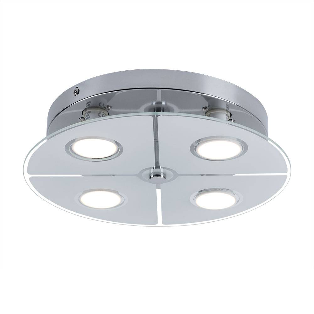 Deckenleuchte Chrom LED Deckenlampe Wohnzimmer, Glas satiniert, 4x 3W 250lm 3000K, DxH 30x7,5 cm