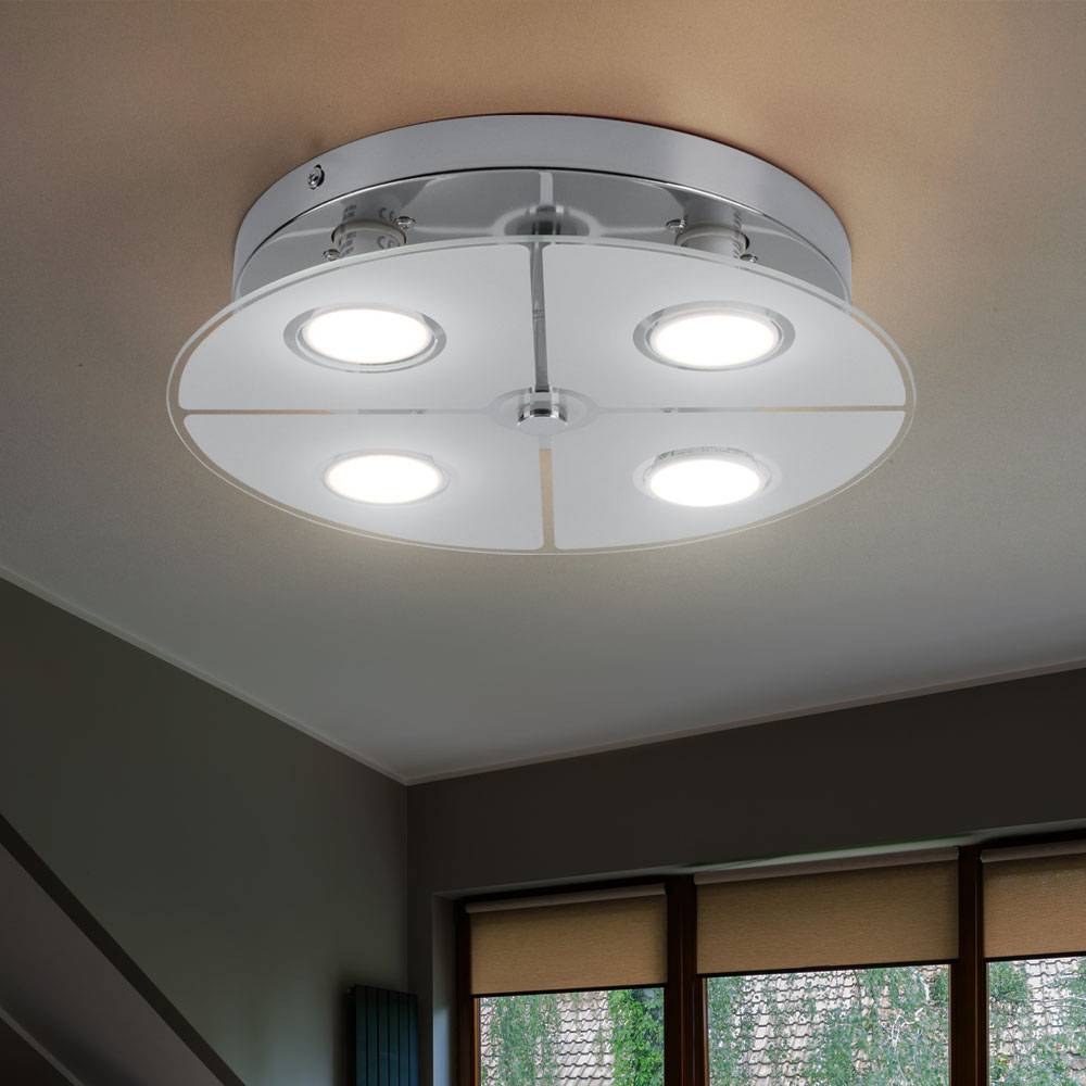 Deckenleuchte Chrom LED Deckenlampe Wohnzimmer, Glas satiniert, 4x 3W 250lm 3000K, DxH 30x7,5 cm, 2er Set