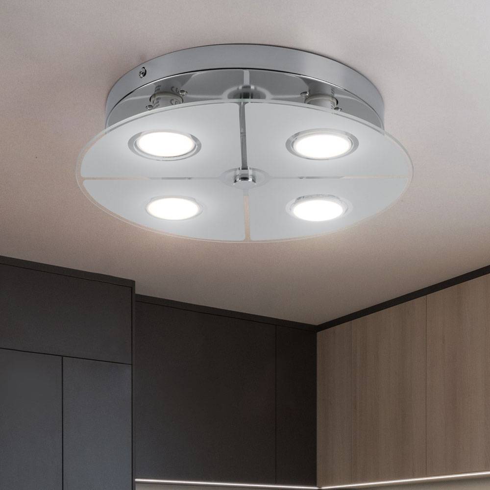 Deckenleuchte Chrom LED Deckenlampe Wohnzimmer, Glas satiniert, 4x 3W 250lm 3000K, DxH 30x7,5 cm