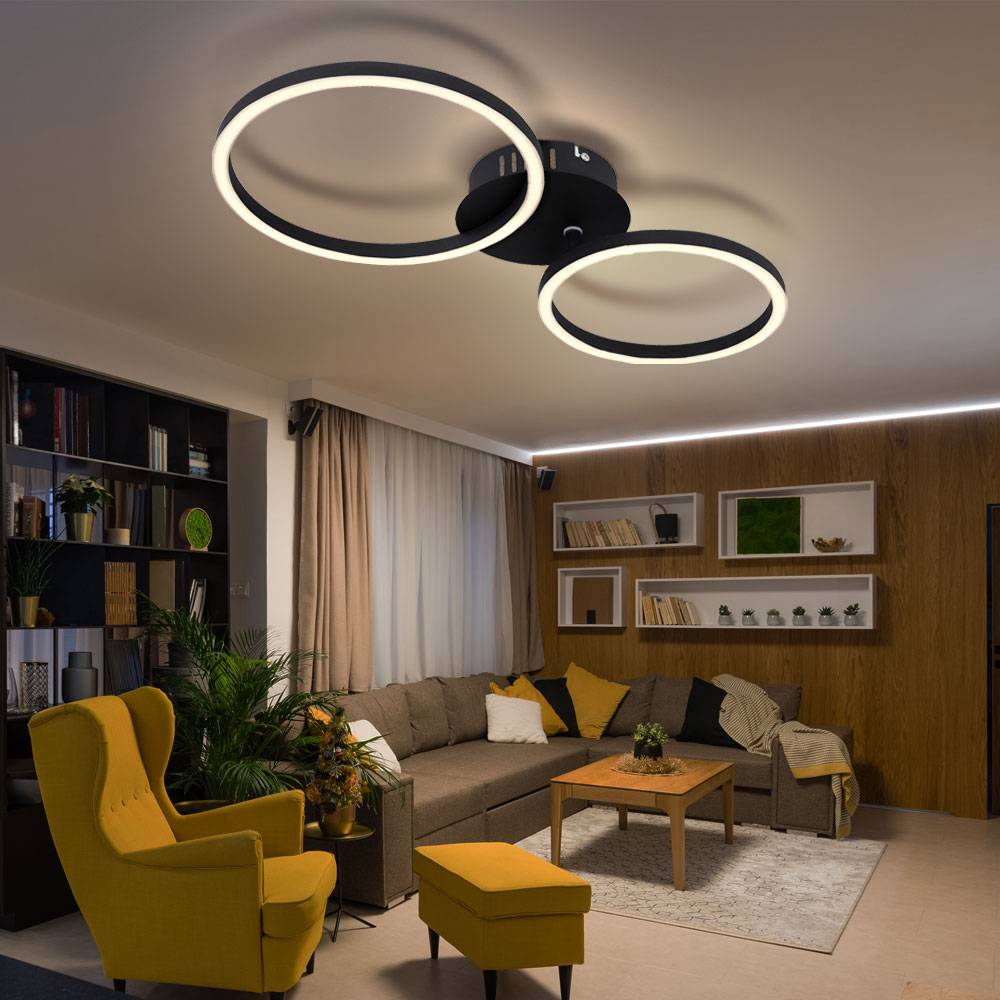 Deckenleuchte Ring Design Deckenlampe schwarz Wohnzimmerlampe, aus Metall,1x LED 24W 900Lm warmweiß, LxBxH 49x25x7,2 cm