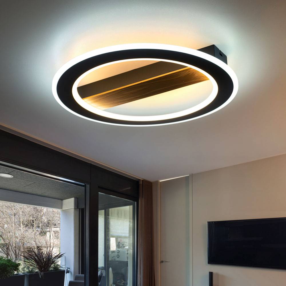 Wohnzimmerlampe Deckenleuchte LED Holz Ring Deckenleuchte schwarz Deckenlampe Schlafzimmer, Metall ,1x LED 30W 1781Lm 3000K+6500K, DxH 45x5,5 cm