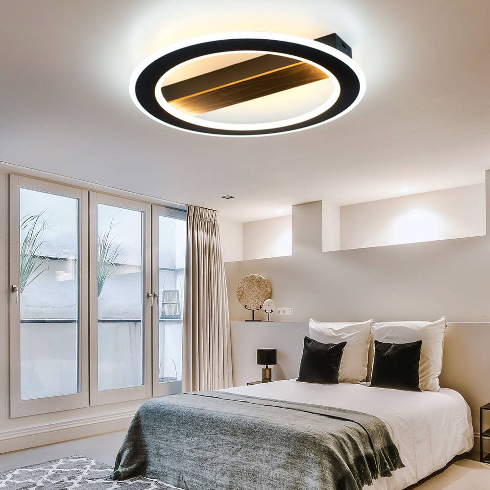 Wohnzimmerlampe Deckenleuchte LED Holz Ring Deckenleuchte schwarz Deckenlampe Schlafzimmer, Metall ,1x LED 30W 1781Lm 3000K+6500K, DxH 45x5,5 cm