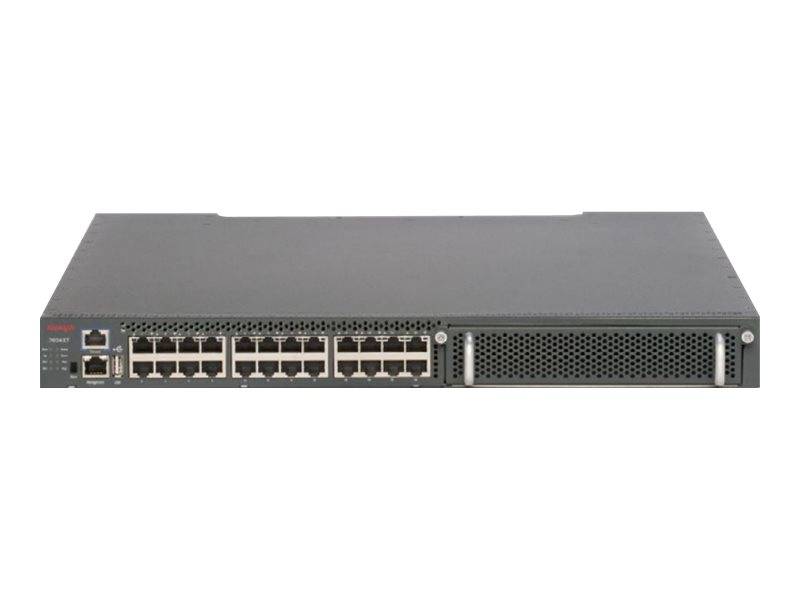 Vorderansicht eines Netzwerk-Switches mit vielen Ethernet-Ports, Statusleuchten und einem perforierten Belüftungsgitter auf der rechten Seite.