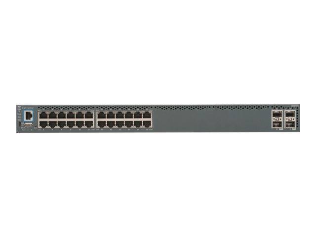 Vorderansicht eines Netzwerk-Switches mit zwei Reihen von Ethernet-Anschlüssen, einem blauen Konsolenport auf der linken Seite und vier Uplink-Ports auf der rechten Seite.