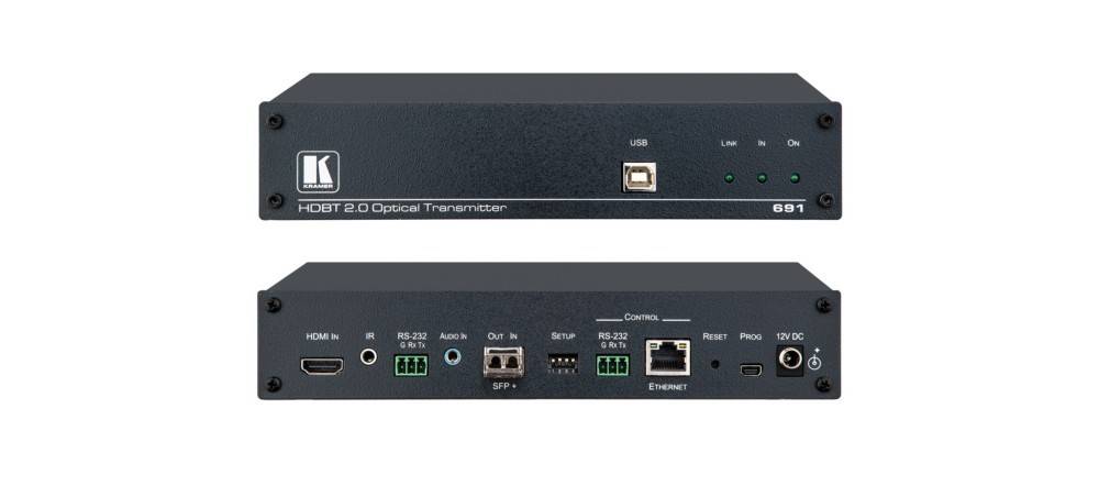 Front- und Rückansichten eines HDBaseT 2.0 optischen Transmitters mit USB-, HDMI-, Audio-, RS-232-, SFP-, Ethernet-Anschlüssen und Bedienungstasten.