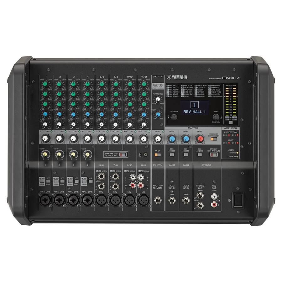 YAMAHA EMX7 - Powermixer / Mischpult (2x 710 Watt | 12 Channel | 3-Band EQ | 19" montierbar) - in schwarz