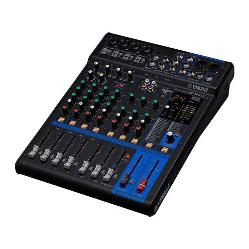 Yamaha MG10XU Mischpult mit verschiedenen Ein- und Ausgangsreglern und Schiebereglern, das zum Mischen von Audio und zur Soundkontrolle in professionellen Umgebungen verwendet wird.