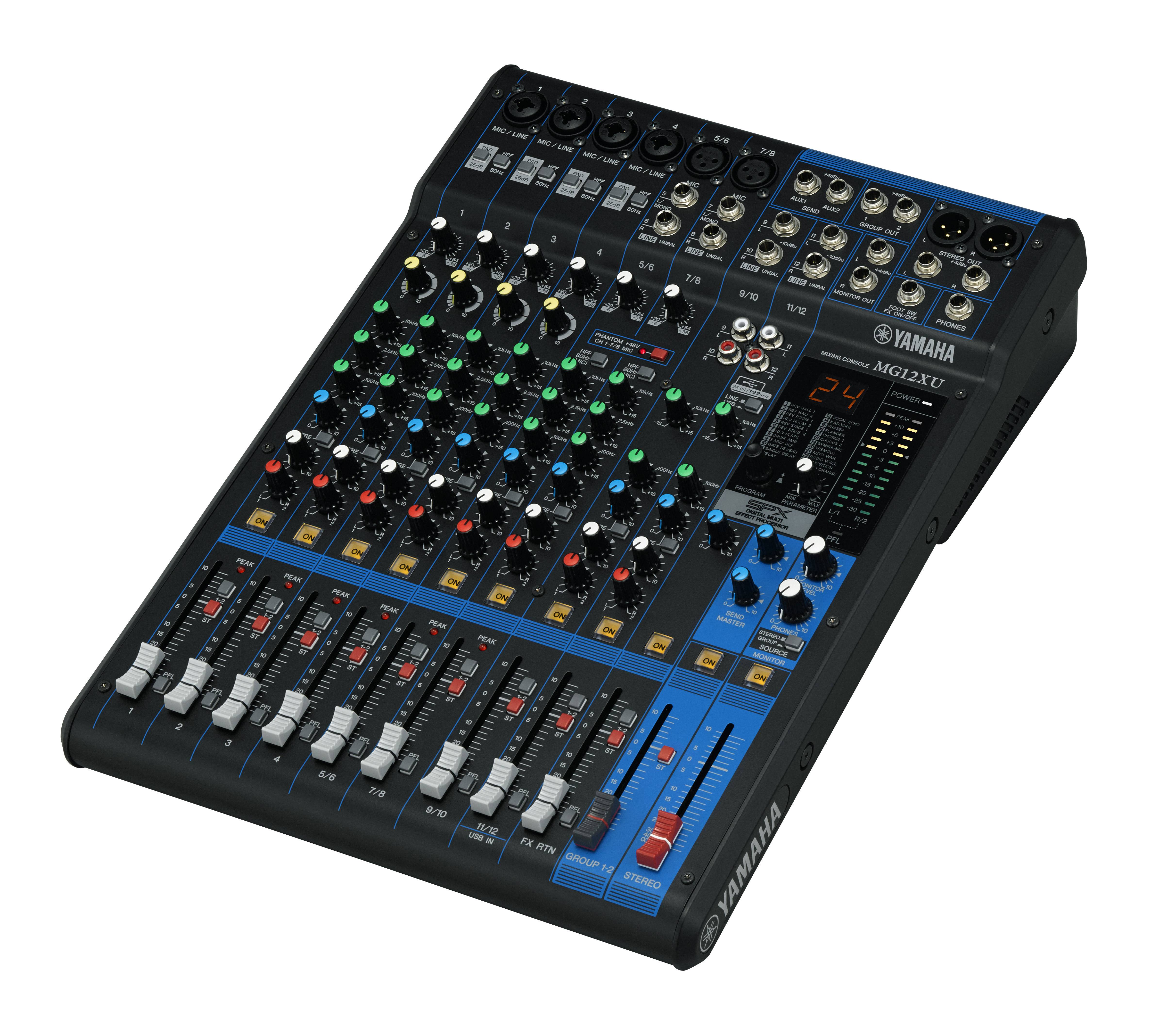 Yamaha MG12XU Audio-Mischpult mit mehreren Eingangsbuchsen, Drehreglern, Schiebereglern und Pegelmessgeräten für die Kontrolle von Live-Sound.