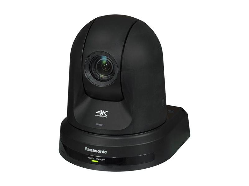 Schwarze Panasonic 4K PTZ-Kamera auf einer Basis, Vorderansicht gezeigt mit zentriertem Objektiv.