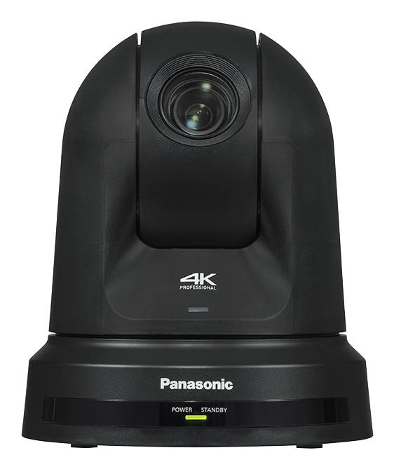 Schwarze Panasonic 4K professionelle PTZ-Kamera auf einem Ständer, Vorderansicht auf weißem Hintergrund.