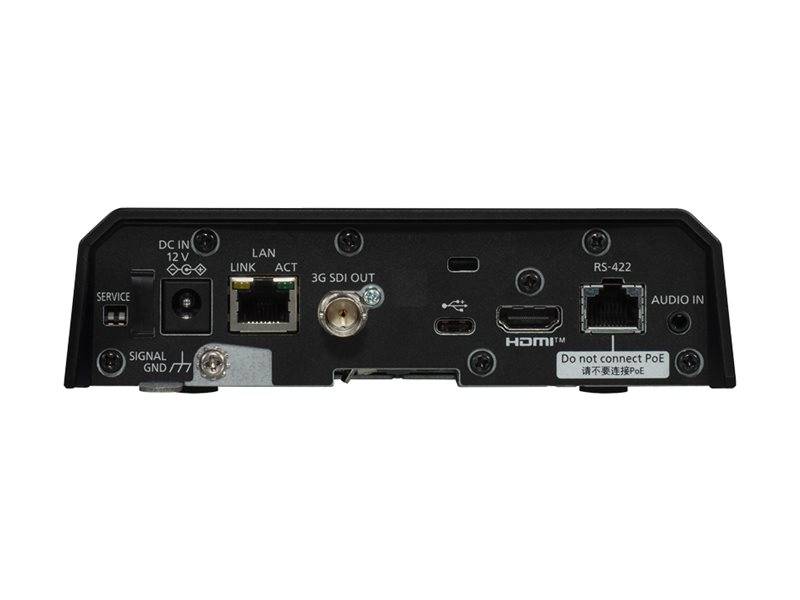 Rückseite eines Videogeräts mit beschrifteten Anschlüssen: DC IN 12V, LAN, 3G SDI OUT, HDMI, RS-422, AUDIO IN, SERVICE und SIGNAL GND/FTP Warnung.