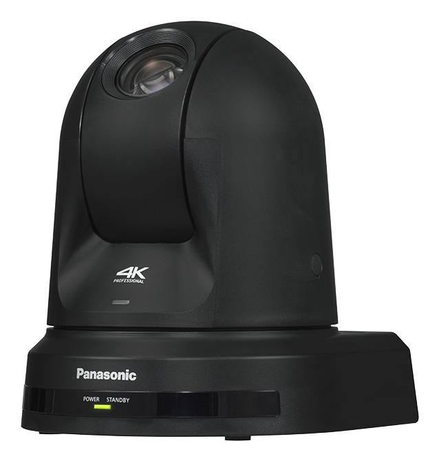 Schwarze Panasonic 4K Professional-PTZ-Kamera auf einem Gestell, vor weißem Hintergrund gezeigt.