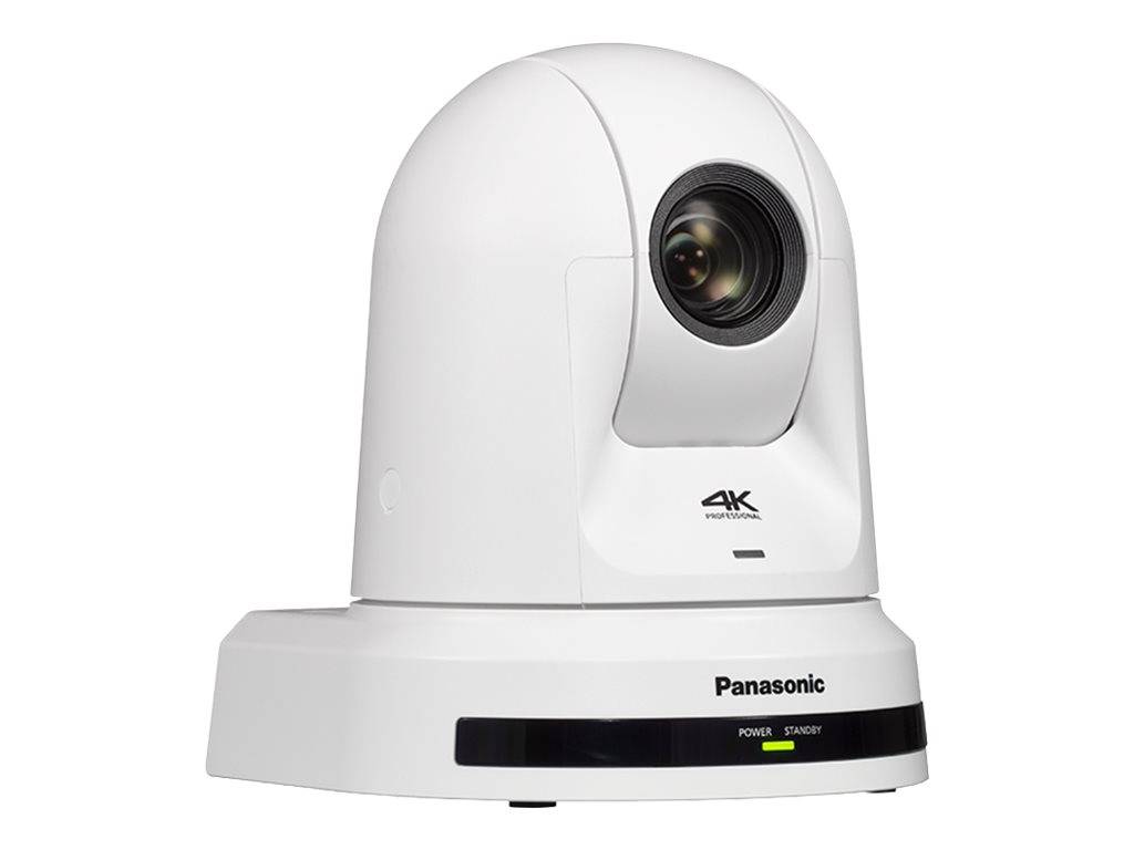 Weiße Panasonic 4K-Schwenkneigbarkamera für Konferenzen mit einzelnem Objektiv, gezeigt vor weißem Hintergrund.