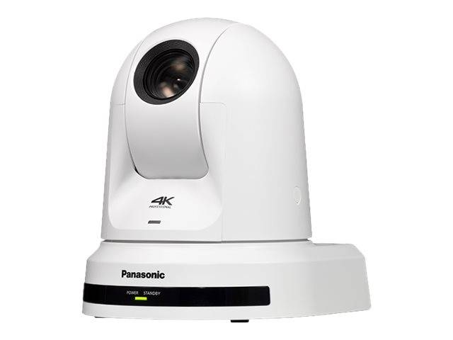 Weiße Panasonic 4K-PTZ-Kamera auf rotierender Basis, gezeigt auf einfachem Hintergrund.