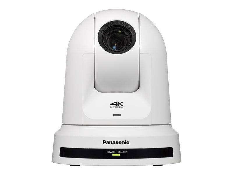 Weiße Panasonic 4K PTZ-Kamera mit zentralem Objektiv und vorderer Ein-/Standby-Anzeige, dargestellt auf einfachem Hintergrund.