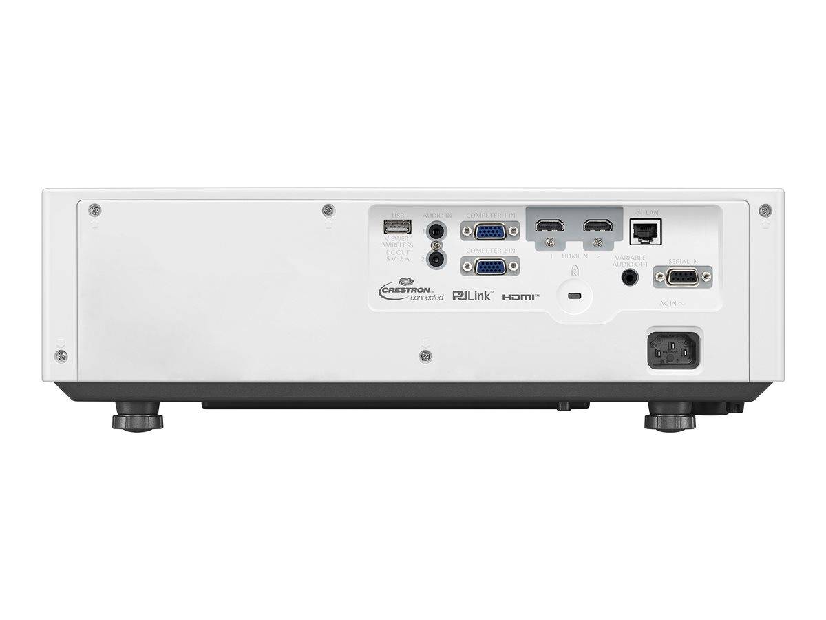 Rückansicht eines Projektors mit Eingängen: VGA, HDMI, USB, LAN, Audiobuchsen, RS-232 und Stromstecker.