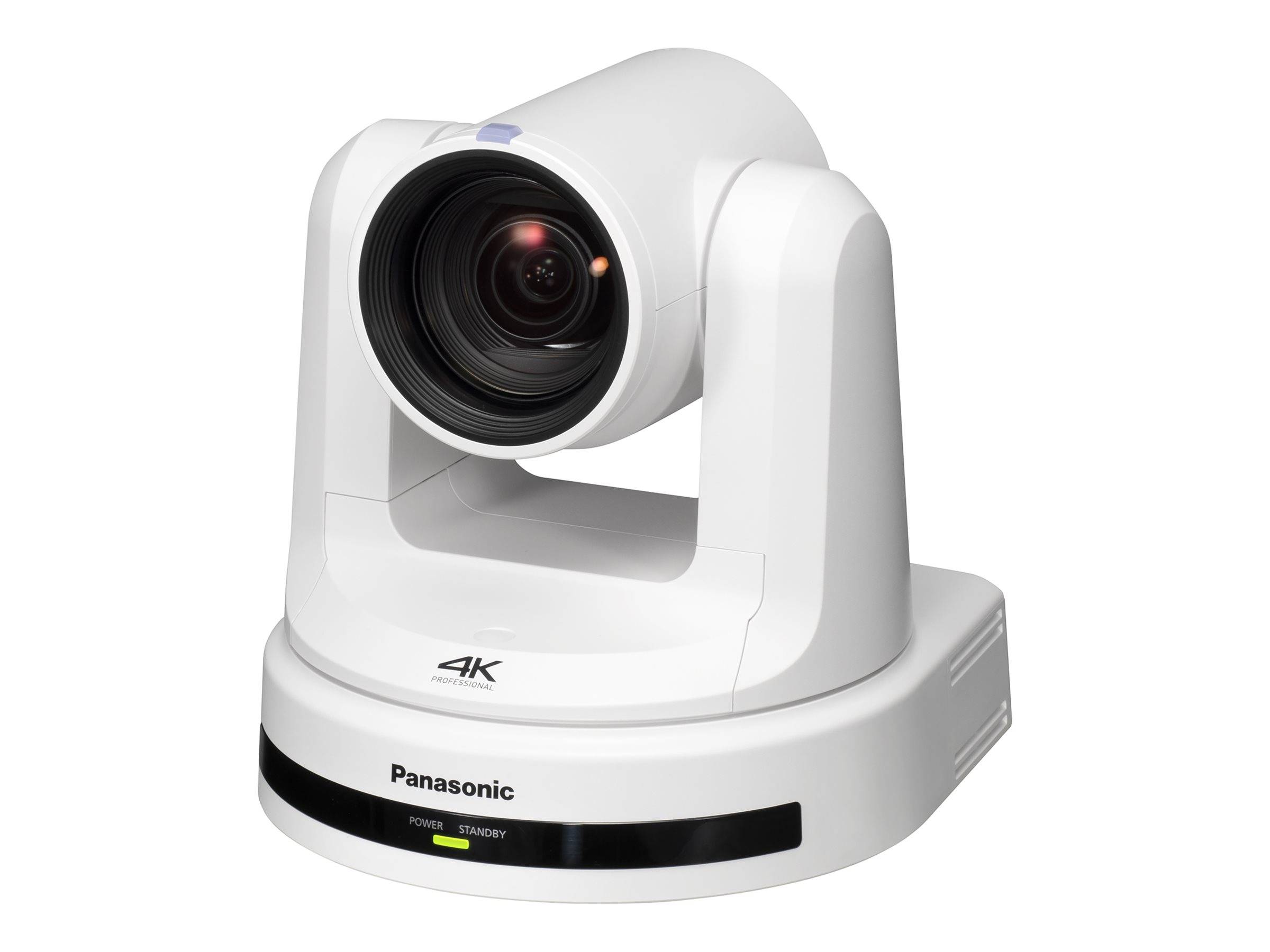 Weiße Panasonic 4K PTZ-Videokonferenz-Kamera auf einer rotierenden Basis, gezeigt vor einem einfachen Hintergrund.
