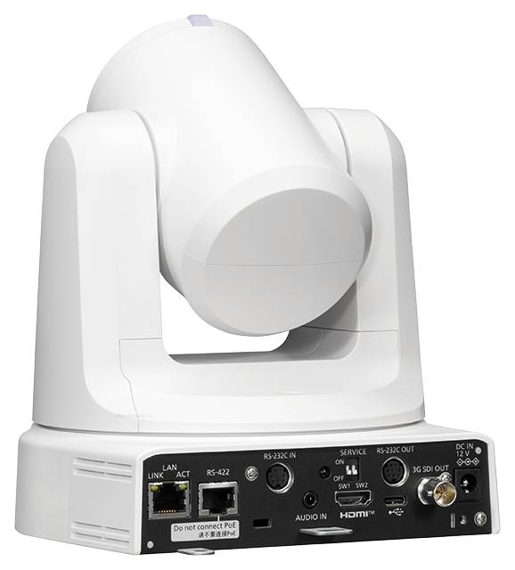 Weiße Schwenk-Neige-Zoom-Sicherheitskamera auf motorisierter Basis mit sichtbaren hinteren Anschlüssen und Verbindungen.