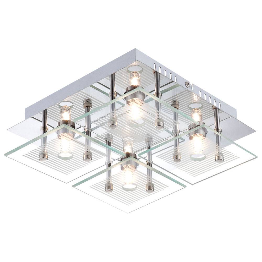 Wohnzimmerleuchte Deckenlampe Deckenleuchte Esszimmerlampe, 4 Flammig, Glas Chrom weiß klar Steifen, G9 Fassungen, LxBxH 21x21x7cm