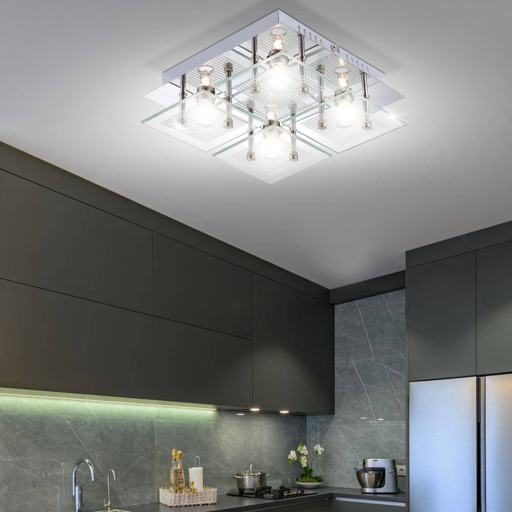 Wohnzimmerleuchte Deckenlampe Deckenleuchte Esszimmerlampe, 4 Flammig, Glas Chrom weiß klar Steifen, G9 Fassungen, LxBxH 21x21x7cm