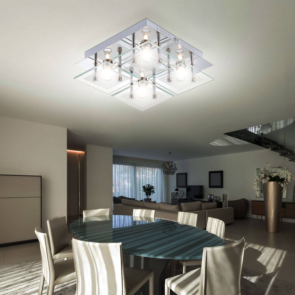 Wohnzimmerleuchte Deckenlampe Deckenleuchte Esszimmerlampe, 4 Flammig, Glas Chrom weiß klar Steifen, G9 Fassungen, LxBxH 21x21x7cm