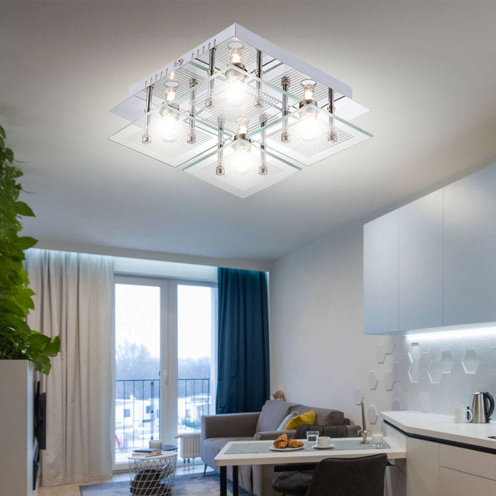Wohnzimmerleuchte Deckenlampe Deckenleuchte Esszimmerlampe, 4 Flammig, Glas Chrom weiß klar Steifen, G9 Fassungen, LxBxH 21x21x7cm