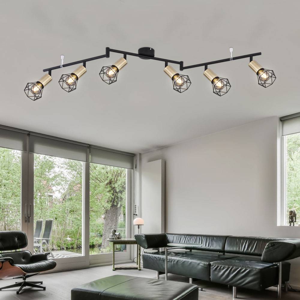 Deckenleuchte schwarz Metall Spotleuchte 6 Flammig Lampe schwarz Decke, Spots beweglich Gitteroptik messing, 6x E14 Fassungen, LxBxH 116x8x22,5cm
