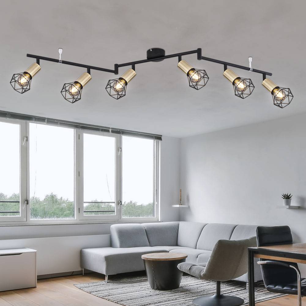 Deckenleuchte schwarz Metall Spotleuchte 6 Flammig Lampe schwarz Decke, Spots beweglich Gitteroptik messing, 6x E14 Fassungen, LxBxH 116x8x22,5cm