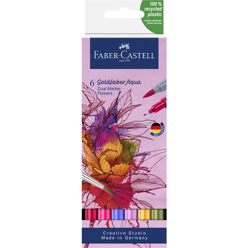 Eine Schachtel mit sechs Faber-Castell Goldfaber Aqua Dual-Markern mit floralem Design. Etikett: 'Creative Studio, Made in Germany'.