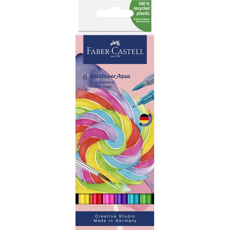 Faber-Castell Goldfaber Aqua Dual-Marker-Set mit 6 Farben in der Kollektion 'Candy Shop'. Die Verpackung zeigt farbenfrohes Lollipop-Kunstwerk und betont leuchtende Nuancen.