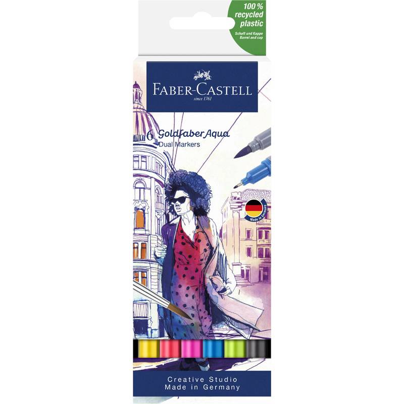Faber-Castell Goldfaber Aqua Dual-Marker-Set mit Kunstwerk einer Person in einer Stadtszene; ausgestattet mit einem Abzeichen aus 100% recyceltem Kunststoff.