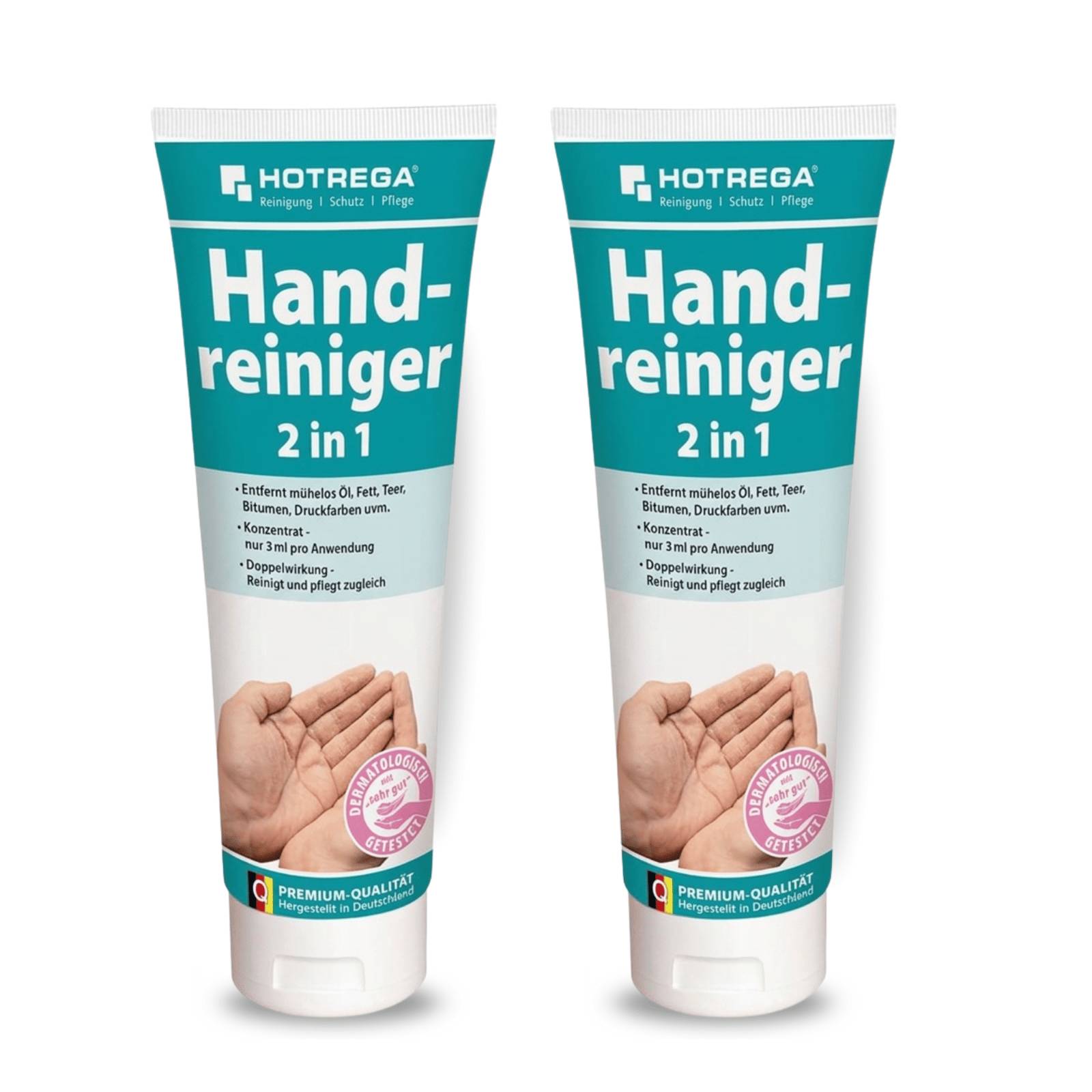 Zwei identische HOTREGA 'Hand-reiniger 2 in 1' Reinigungsgel-Tuben in Grün und Weiß, frontal auf weißem Hintergrund dargestellt.