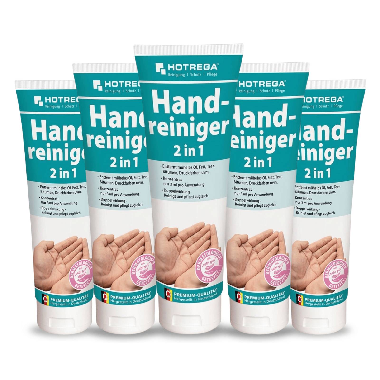 Fünf HOTREGA 'Hand-reiniger 2 in 1' Handreiniger-Tuben in einer Reihe auf weißem Hintergrund.