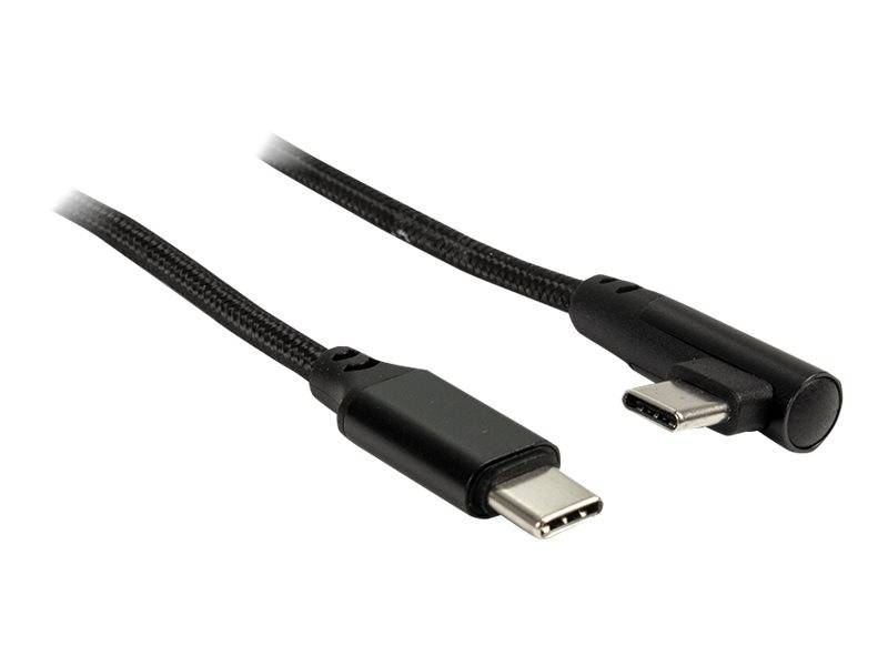 Geflochtenes USB-C-Kabel mit abgewinkelten Anschlüssen, zeigt einen geraden USB-C-Stecker und einen rechtwinkligen USB-C-Stecker auf weißem Hintergrund.