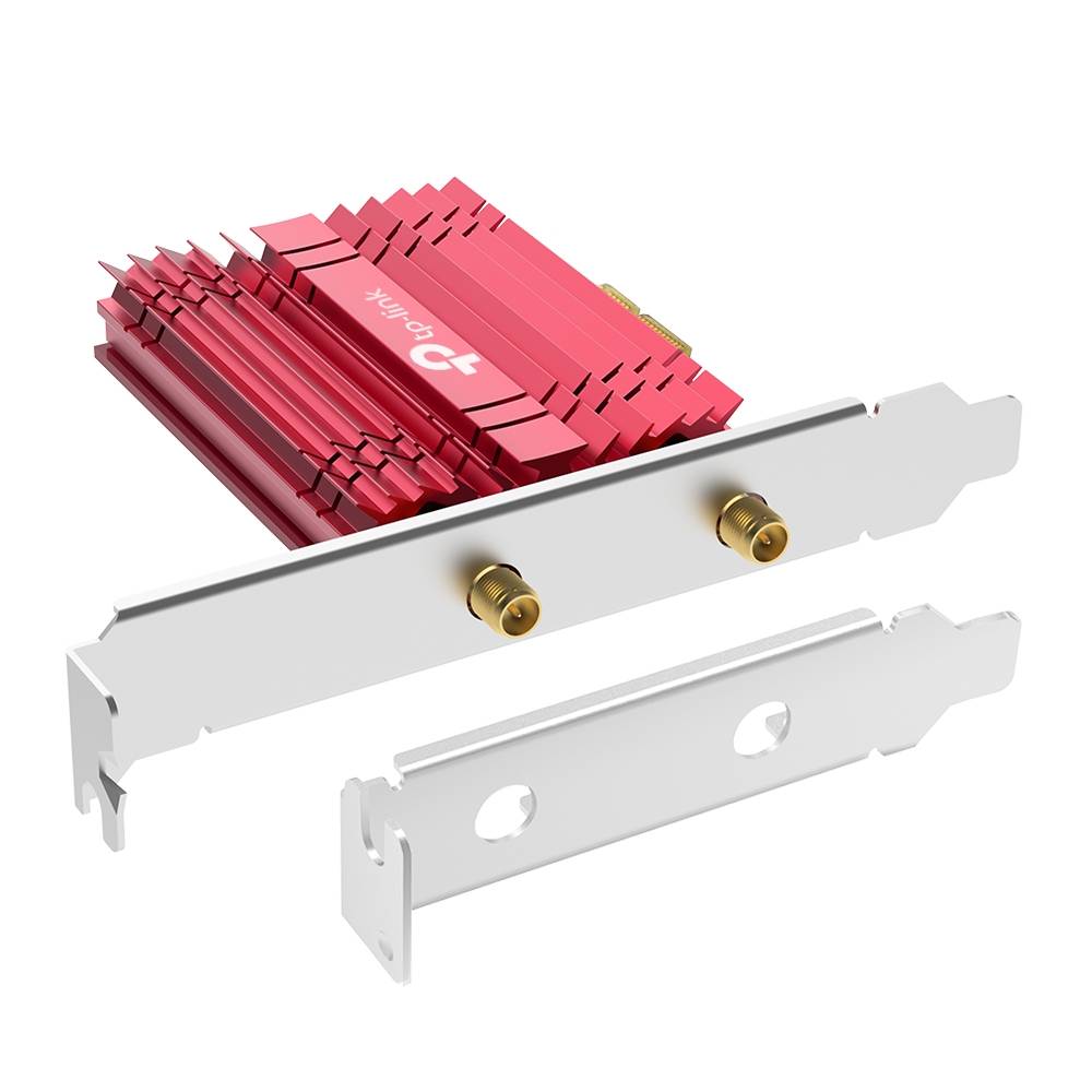 Rote PCIe-Grafikkarte mit silbernem Halterungsblech und zwei goldenen Steckverbindern, gezeigt mit einem separaten passenden Blindblech auf weißem Hintergrund.